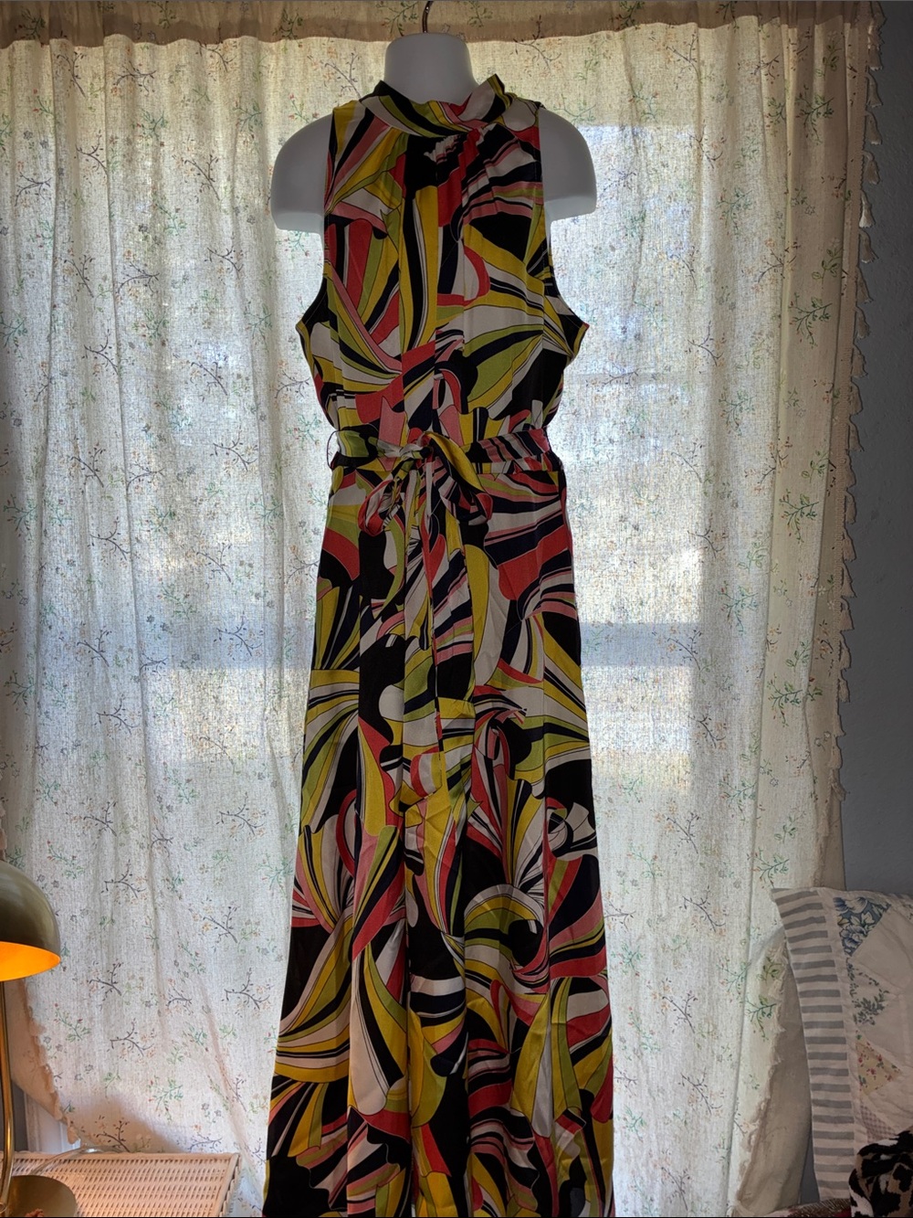 NWT Anne Klein Sz 4 Sleeveless Abstract Print Maxi Dress in Yellow, Pink & Black